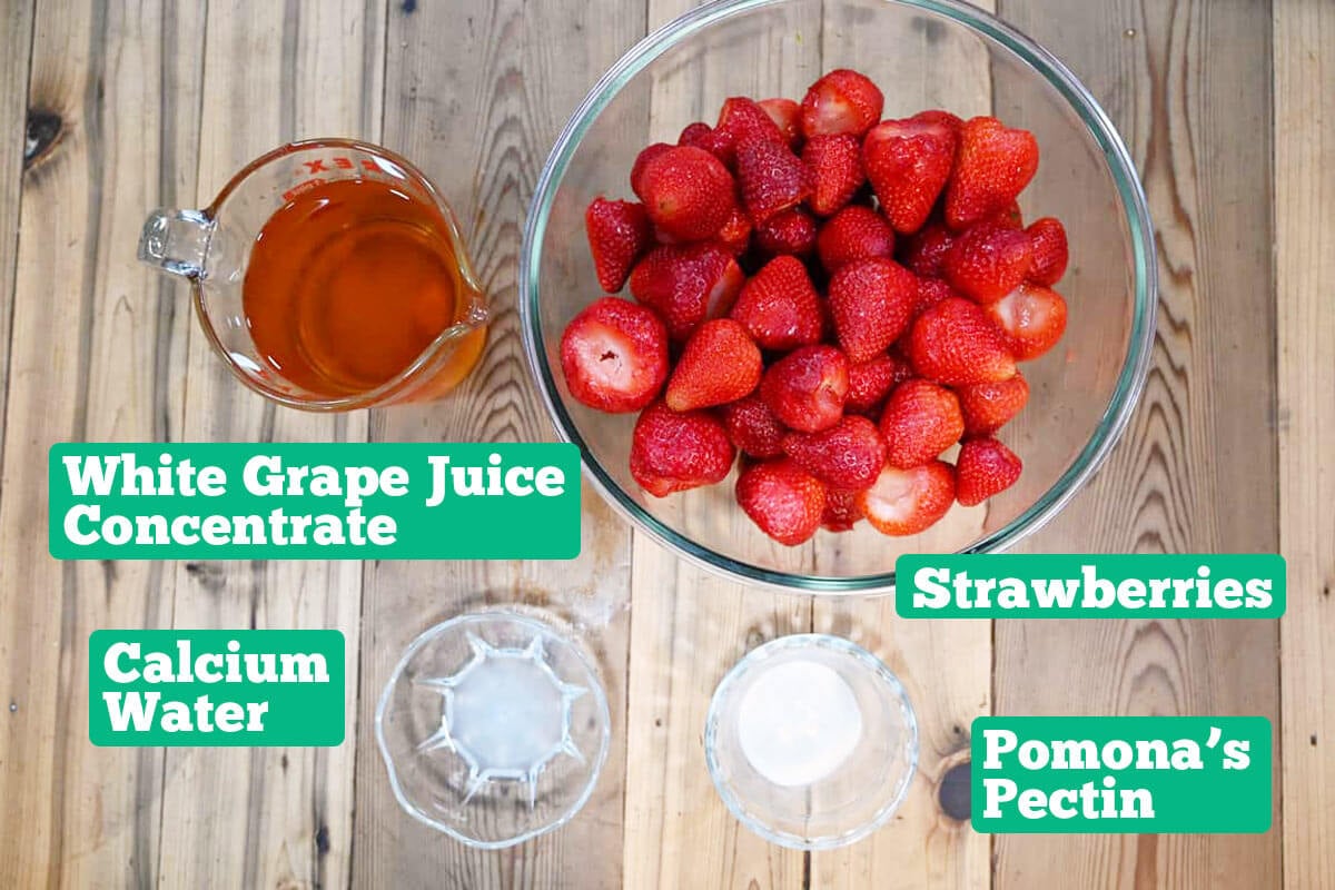 Strawberry fruit leather ingredients: white grape juice concentrate, strawberries, pectin, and calcium water.