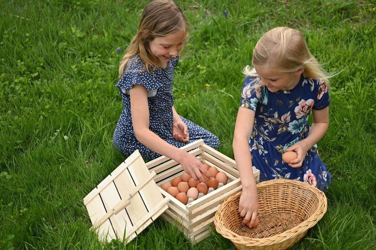Two young girls arranging eggs.