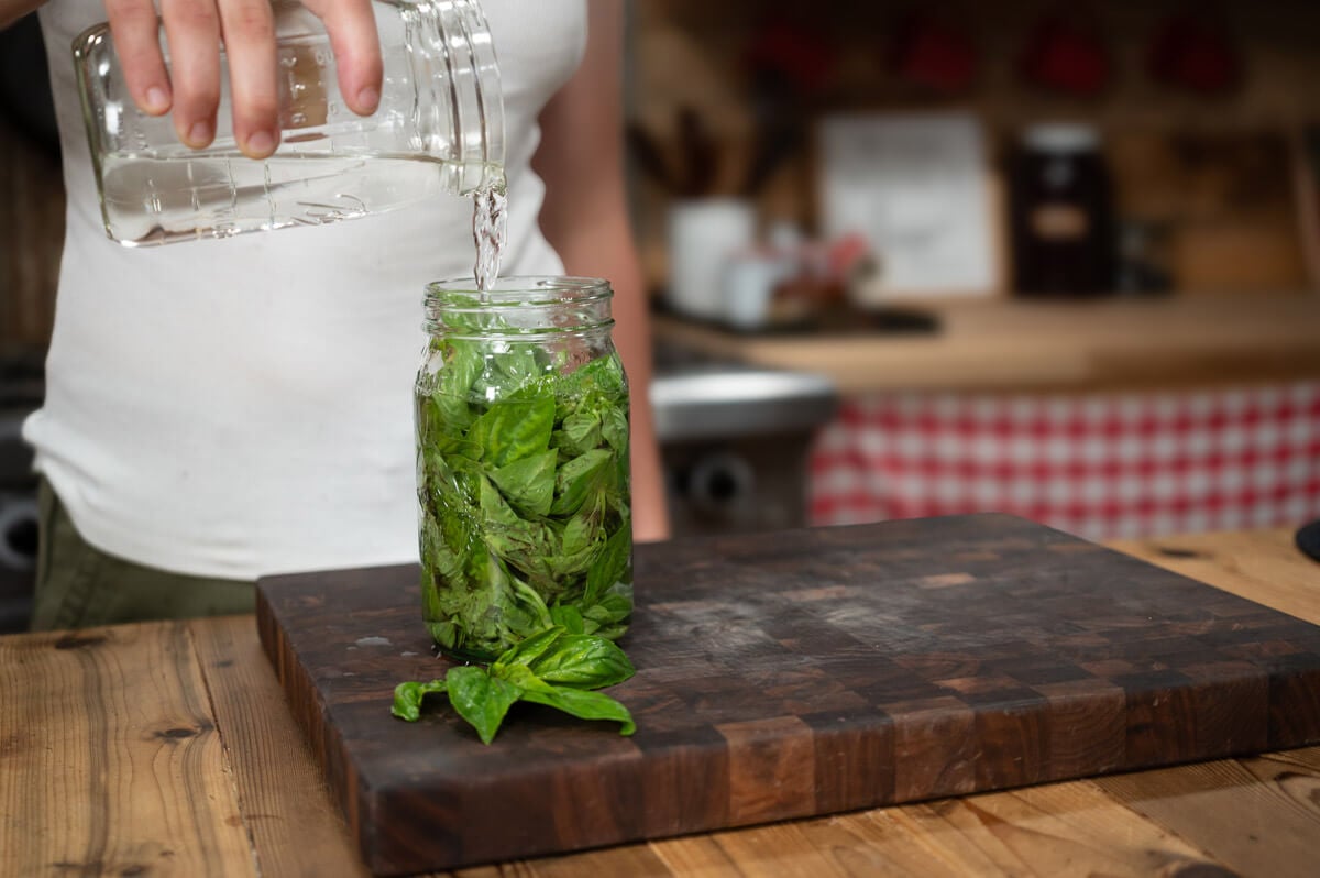 Fresh basil in a jar with white vinegar being poured over the top.