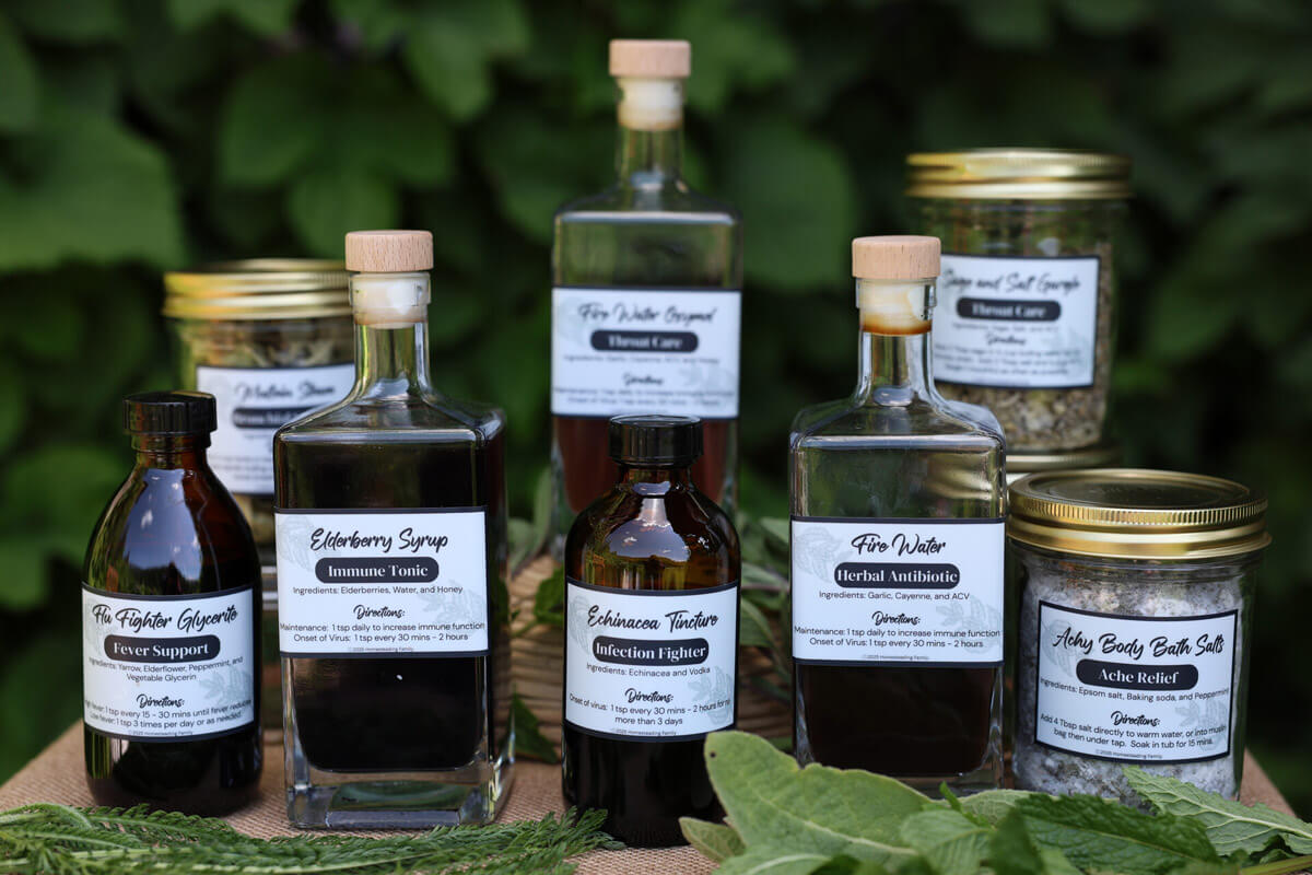 Multiple herbal remedies on a counter.