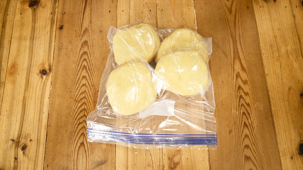 Four pie crusts in a freezer bag.