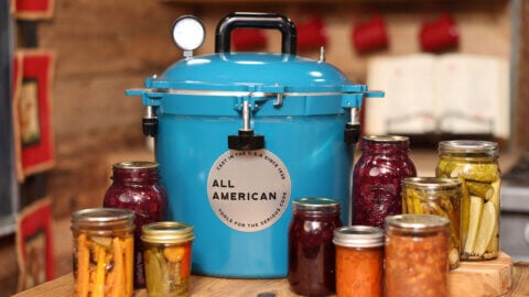 A counter full of pressure canned food.