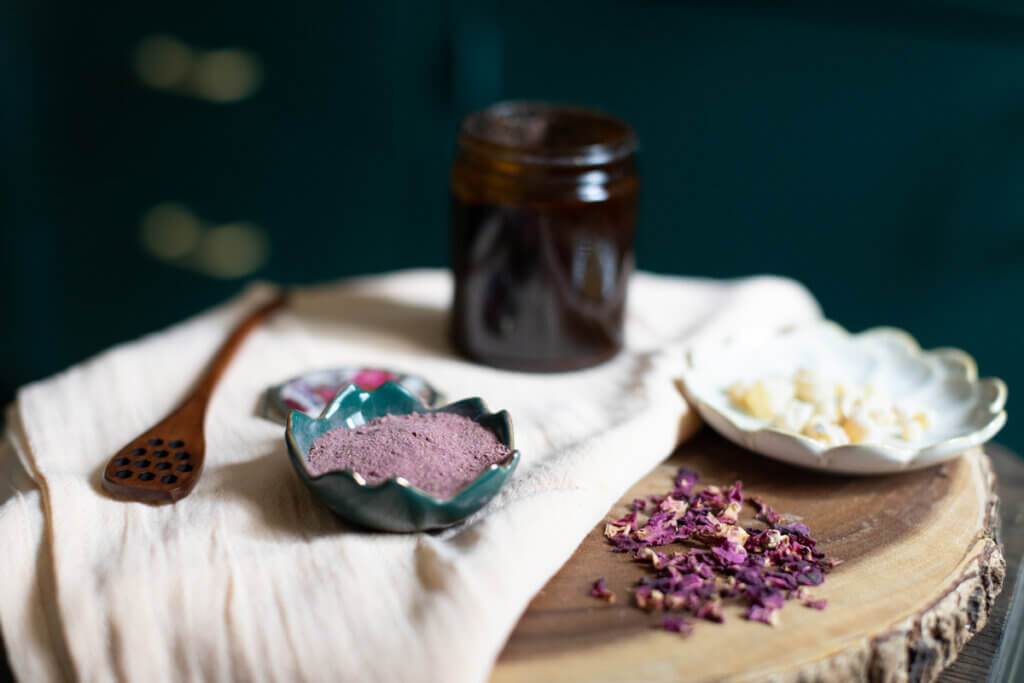 Dried rose petals crushed into a powder, mixed into honey.