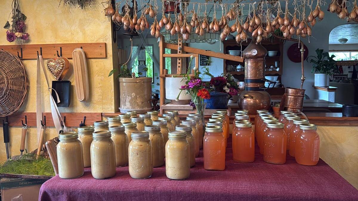 Canned applesauce and apple cider on a table. 