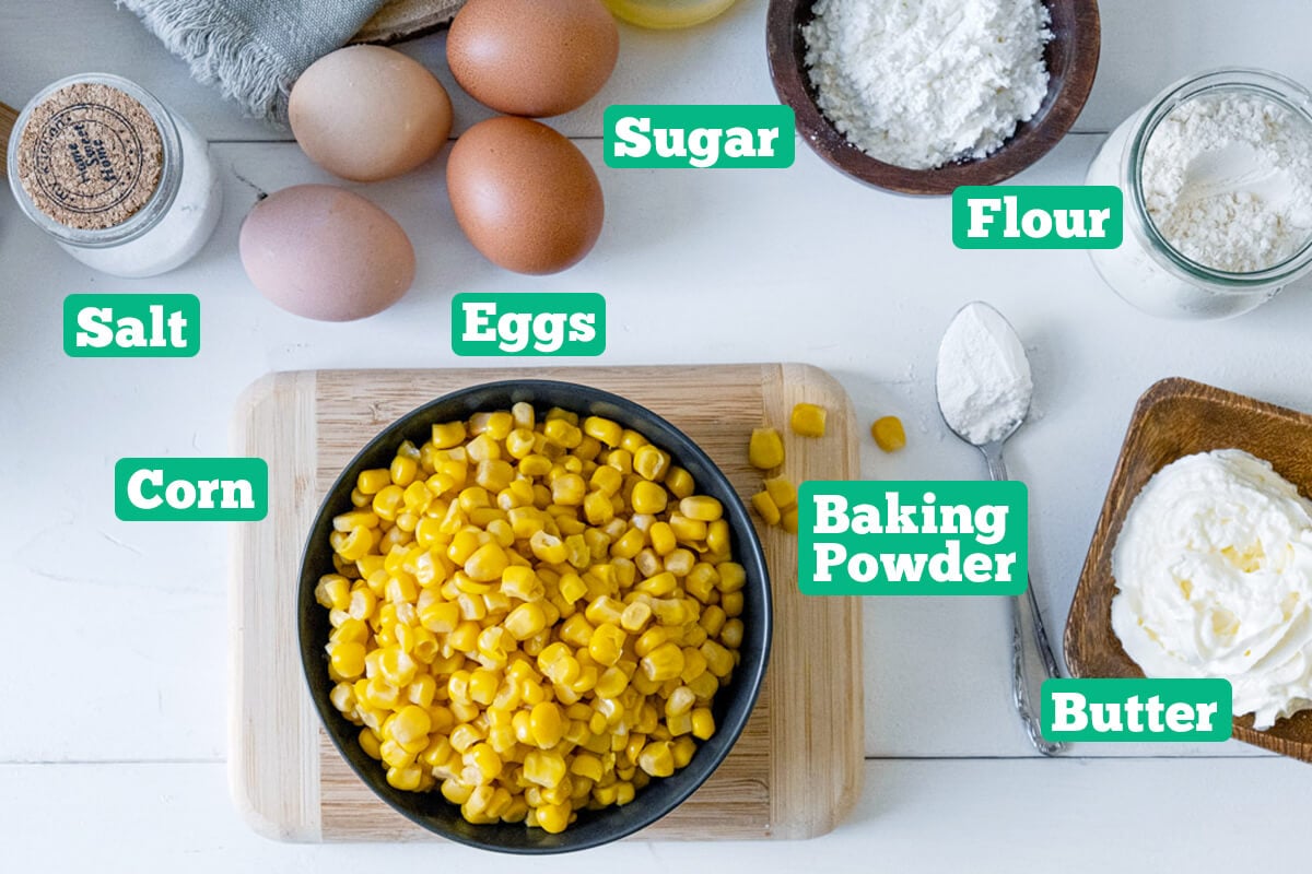 Creamy corn pudding ingredients:sugar, flour, baking powder, flour, corn, eggs, salt and butter.
