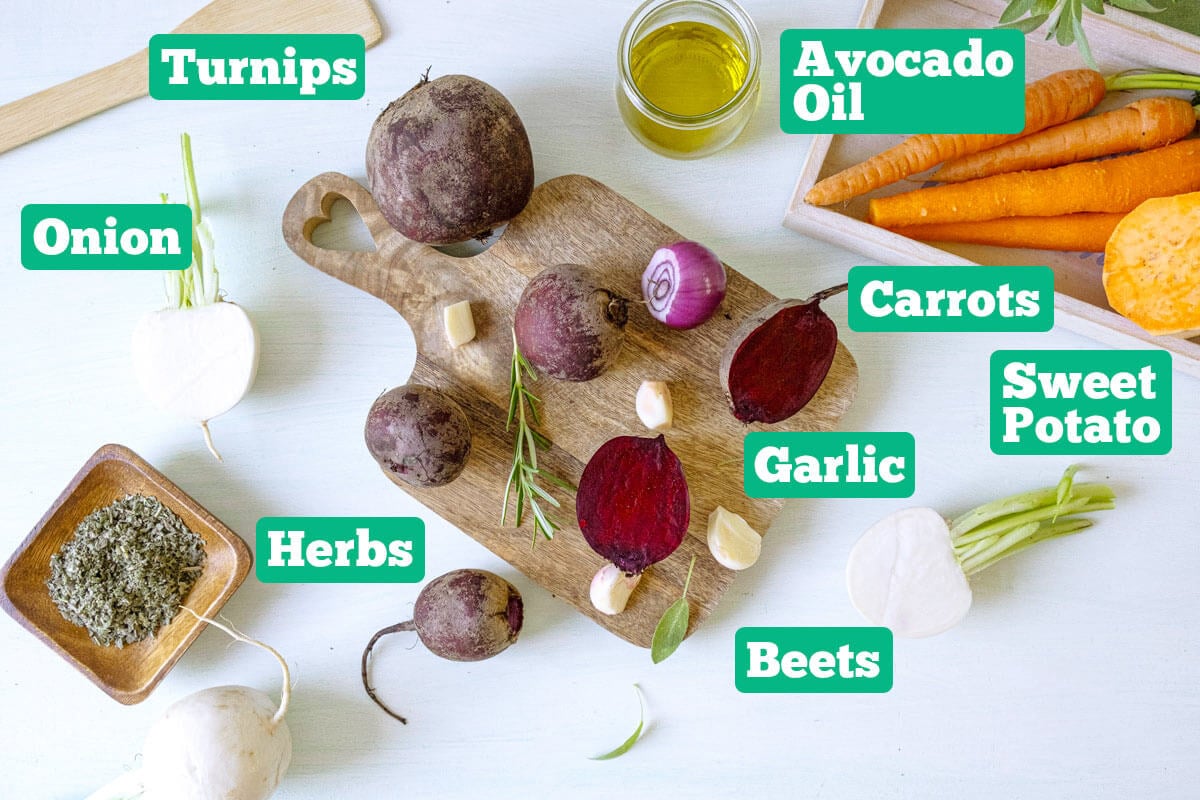 Roasted fall vegetable ingredients: beets, carrots, sweet potato, turnips, onion, garlic, and avocado oil.