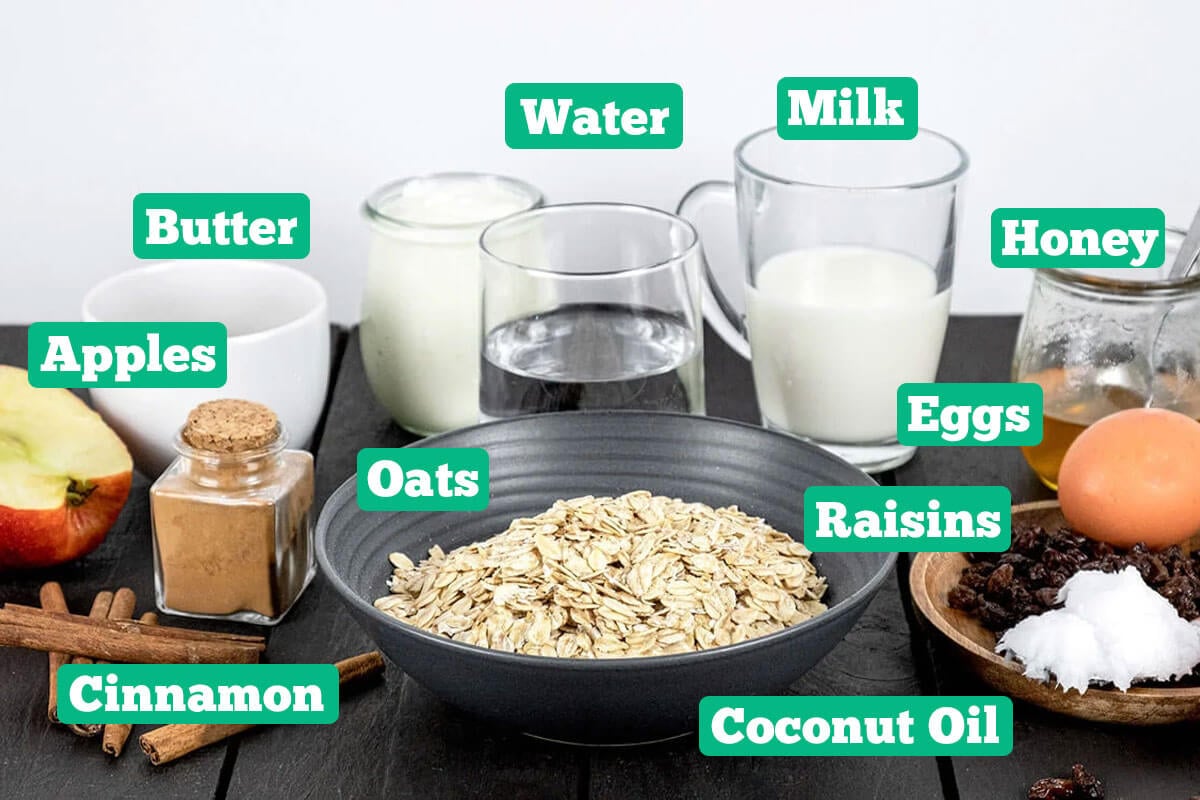 Baked oatmeal ingredients: Water, Milk, Honey, Egg, Raisins, Coconut Oil, Oats, Cinnamon, Apples
Butter, and Yogurt