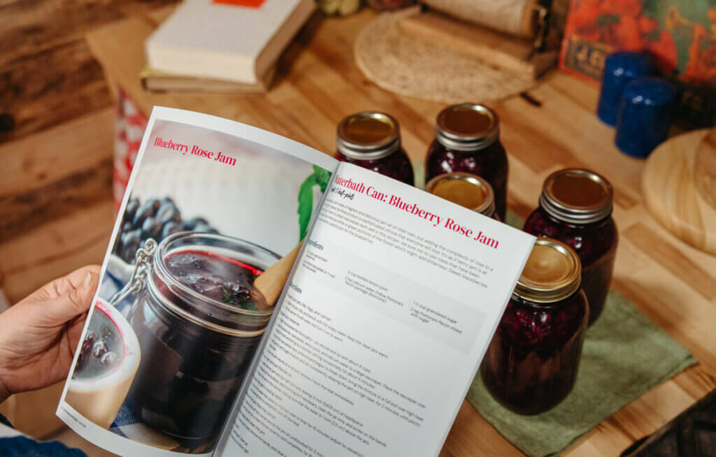 A magazine opened to a recipe for jam.