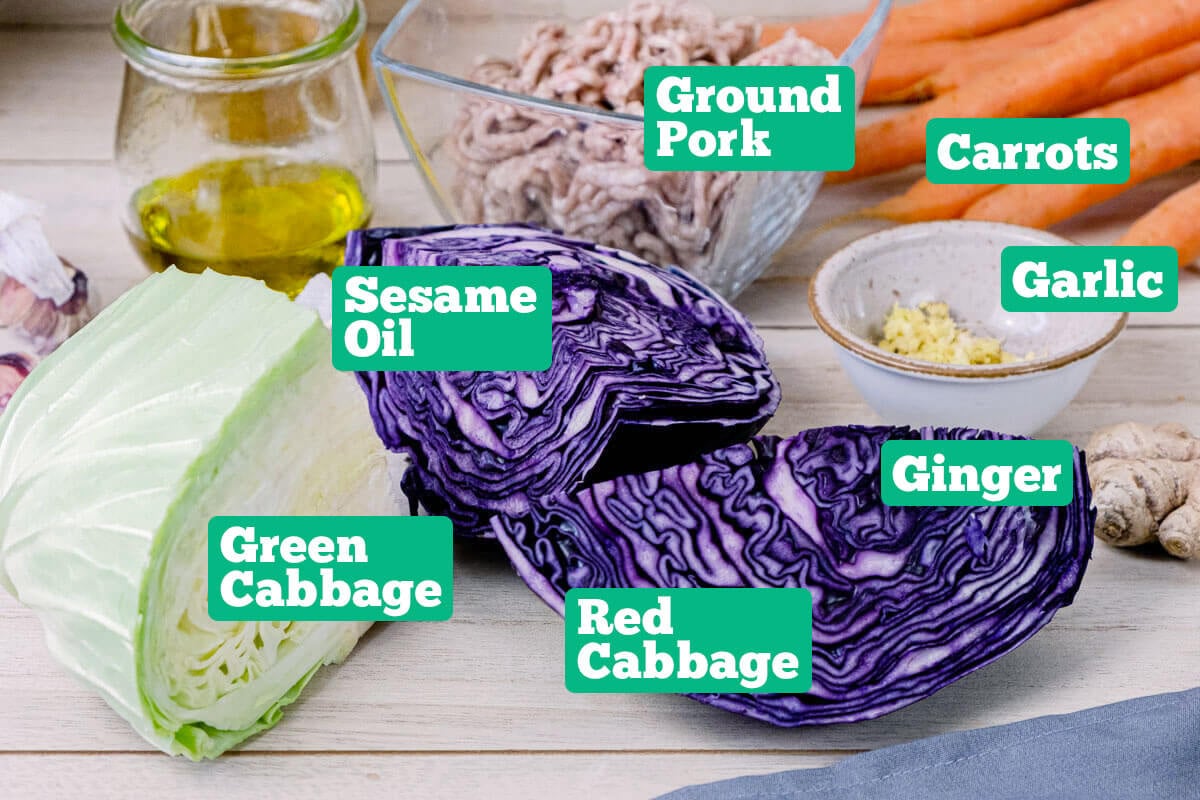 Deconstructed egg roll ingredients: ground pork, carrots, garlic, ginger, sesame oil, red and green cabbage.