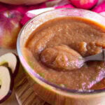 A spoon lifting a bite of applesauce from a bowl.
