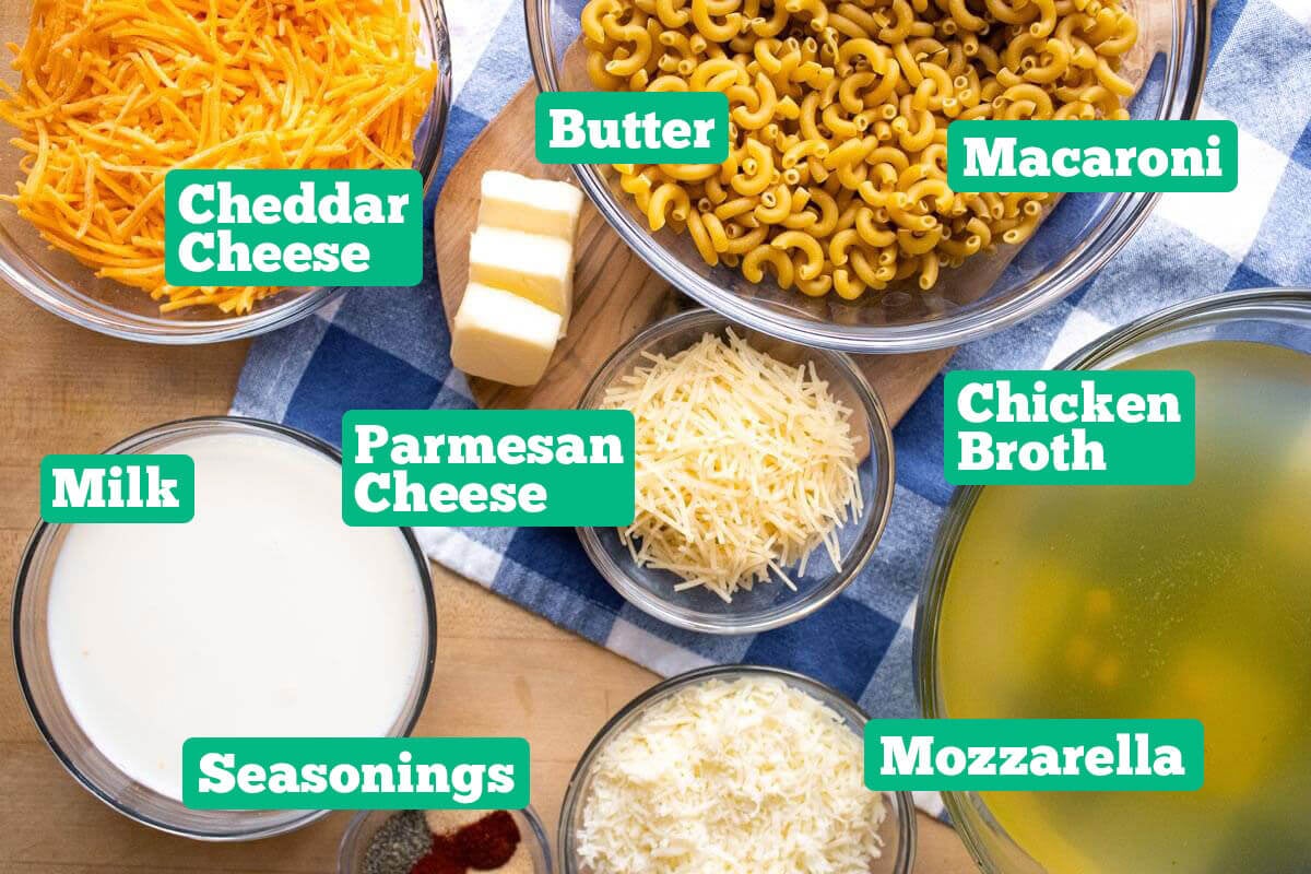 Instant Pot macaroni and cheese ingredients: macaroni, chicken broth, mozzarella, Parmesan, cheddar cheese, seasoning, milk, and butter.