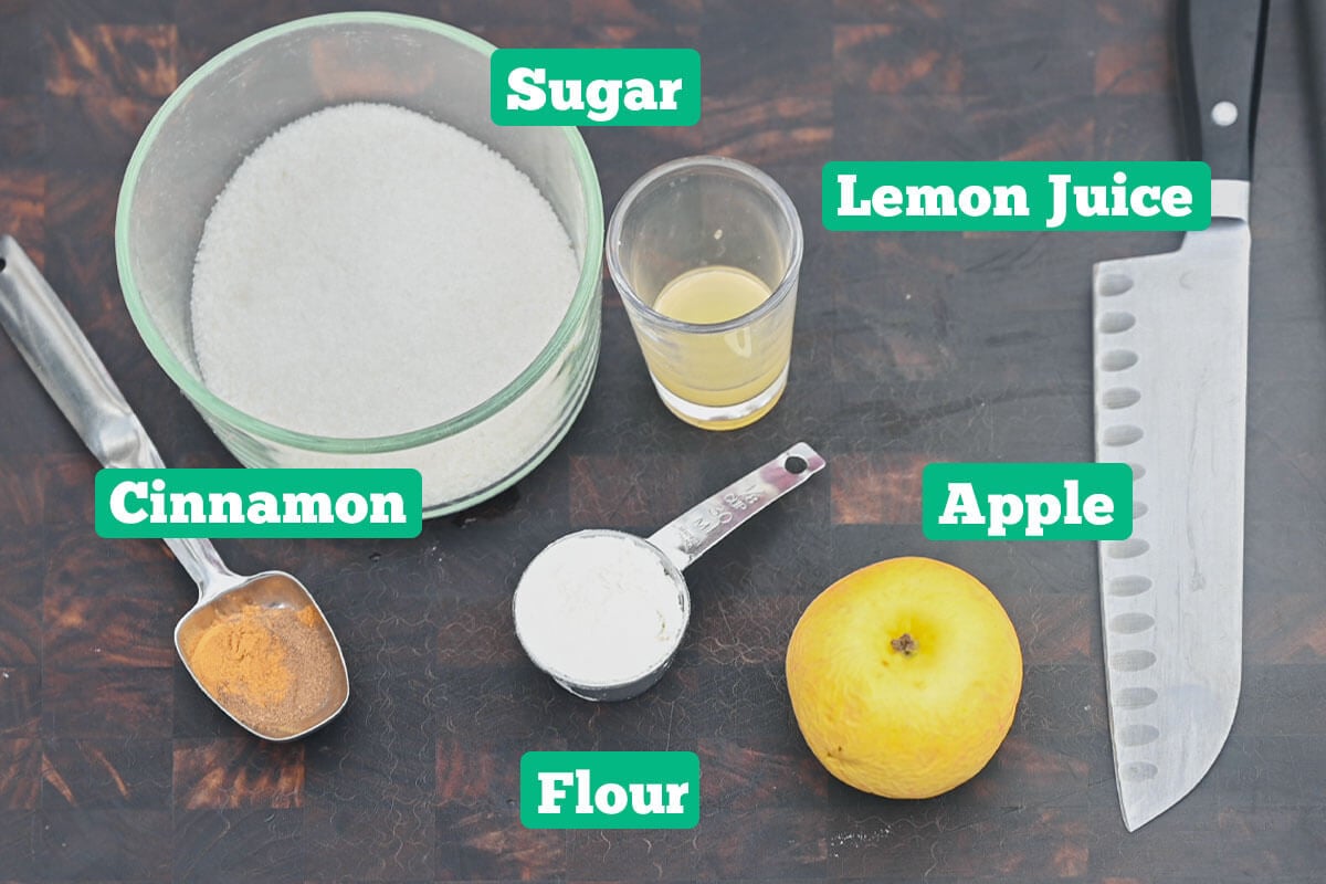Ingredients needed to make a traditional apple pie recipe.