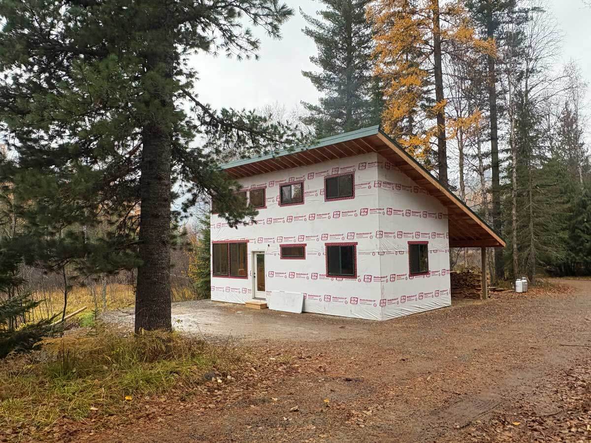 An off-grid cabin in the woods.