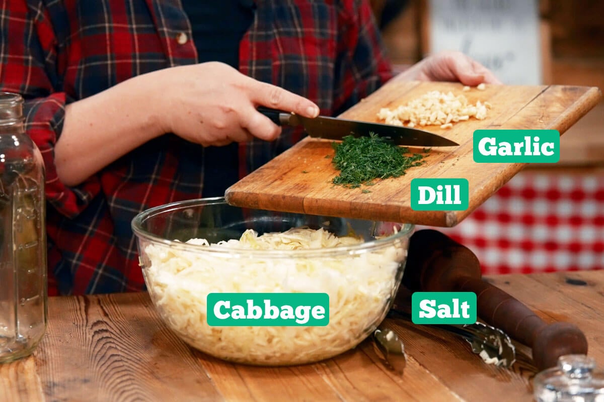 Ingredients for garlic dill sauerkraut.