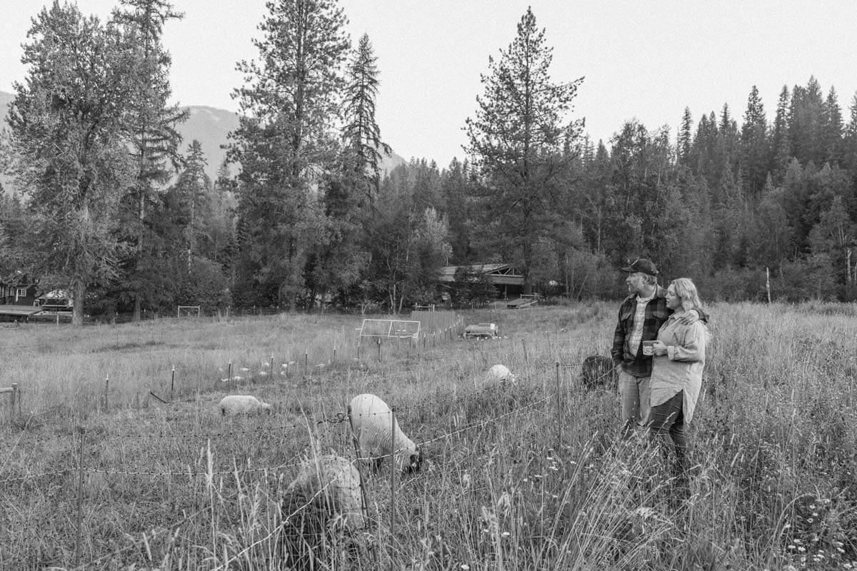 A man and woman standing looking at a herd of sheep.