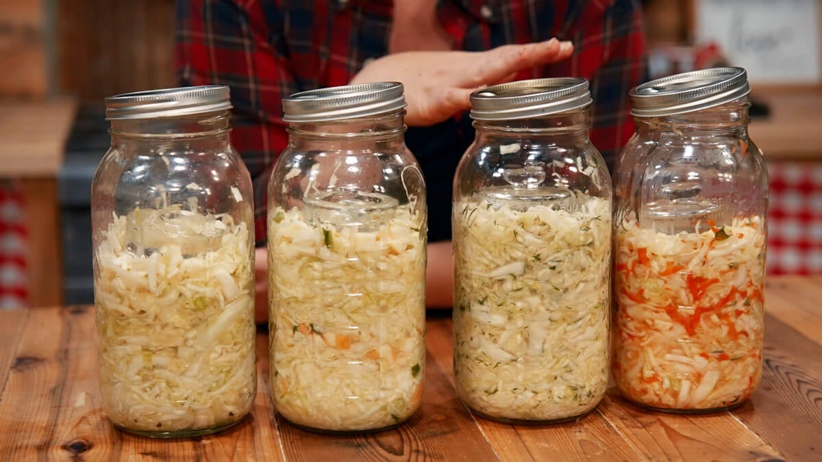Four different flavors of homemade sauerkraut in jars.