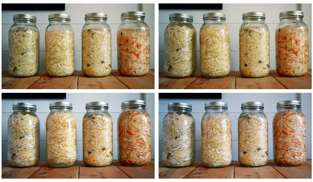 Four part photo series showing the process of sauerkraut fermenting.