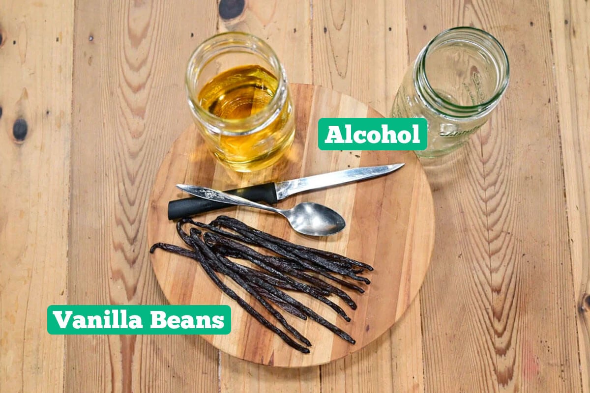 Homemade vanilla extract recipe ingredients: vanilla beans and alcohol.