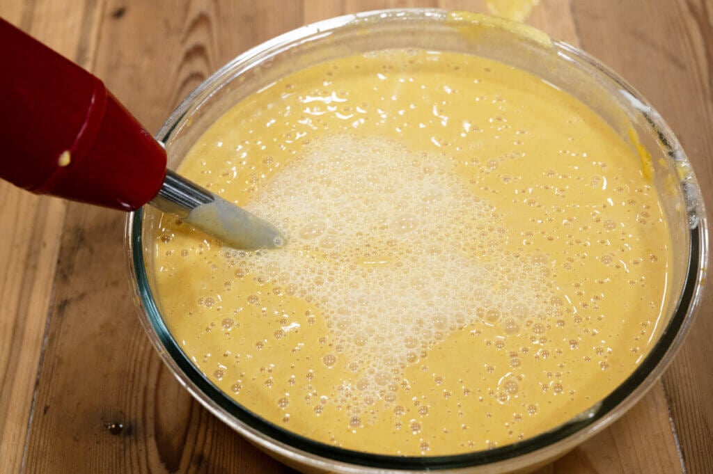 Pumpkin pie filling pureed with an immersion blender.