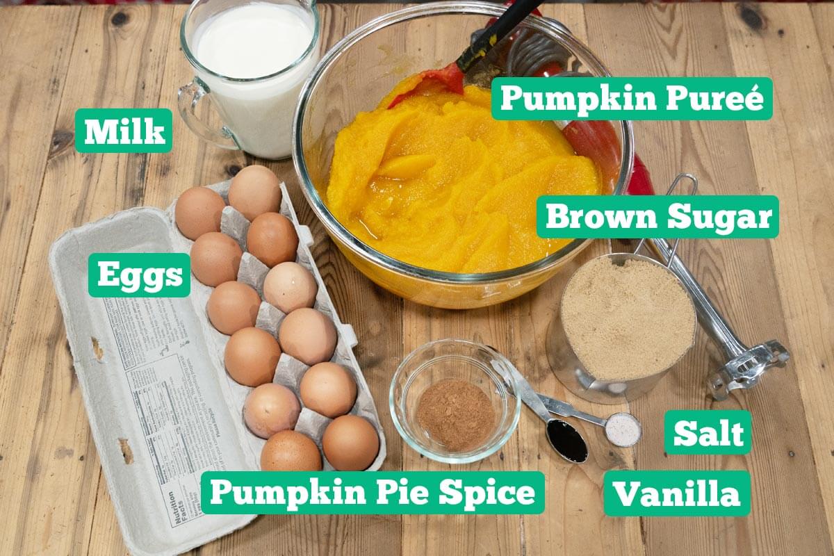 Homemade pumpkin pie ingredients: pumpkin puree, brown sugar, salt, vanilla, pumpkin pie spice, eggs, and milk.