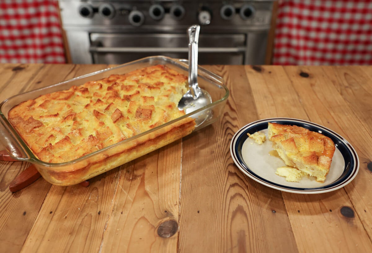 French toast souffle served onto a plate.