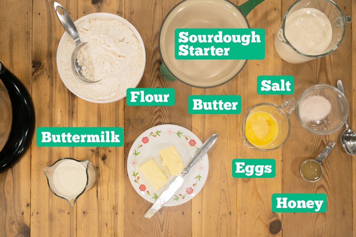 Ingredients for homemade sourdough dinner rolls.