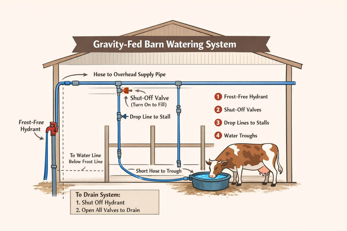 Graphic of a DIY gravity fed barn watering system.