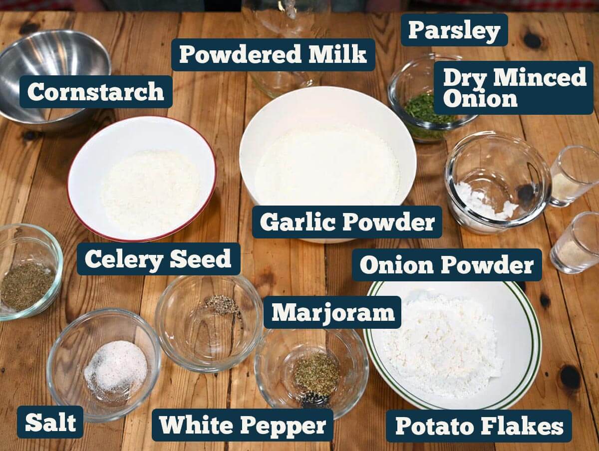 Dry soup mix ingredients: powdered milk, cornstarch, potato flakes, pepper, salt, celery seed, marjoram, parsley, dry minced onions, onion powder, and garlic powder.