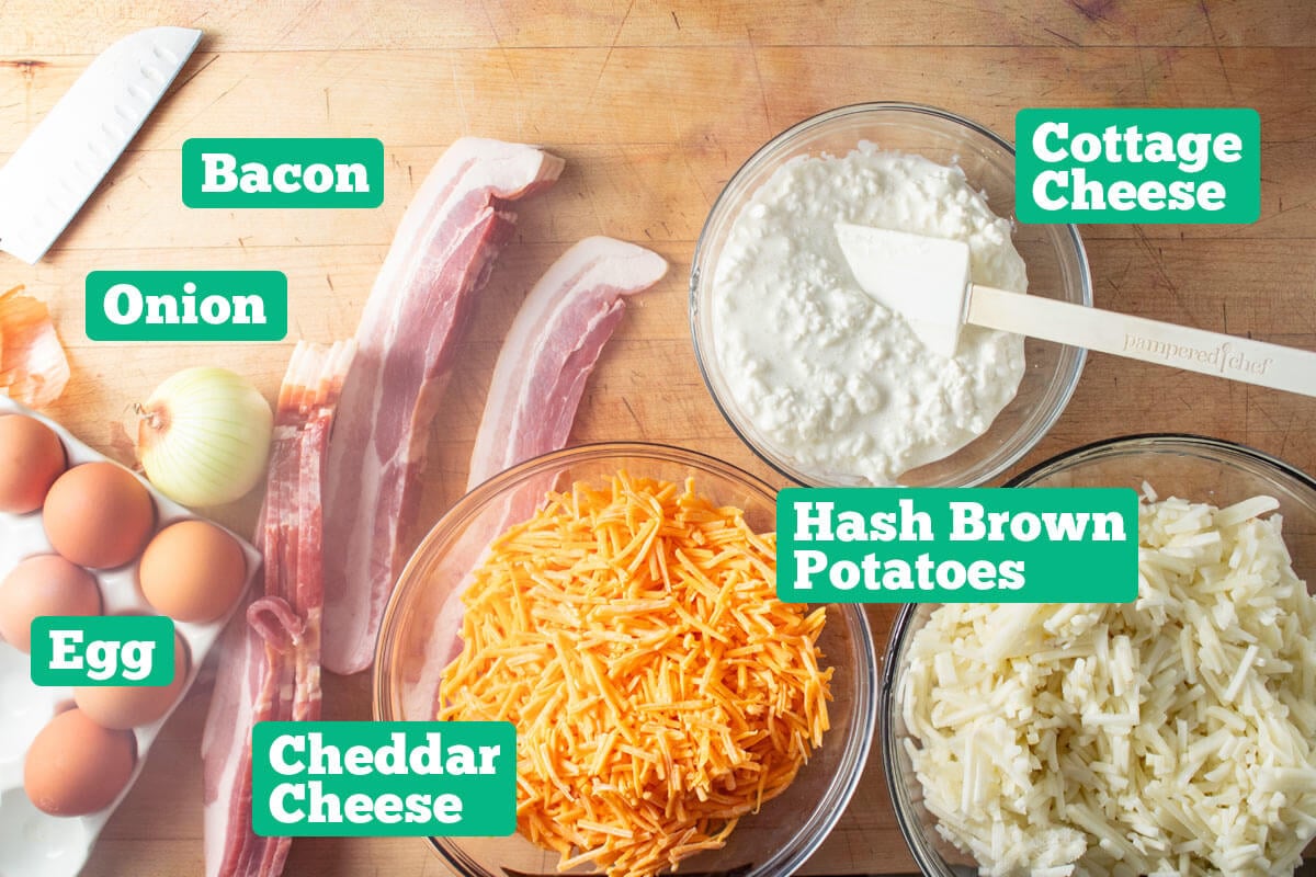 Amish breakfast casserole ingregients: cottage cheese, cheddar cheese, bacon, onion, potatoes, and eggs.