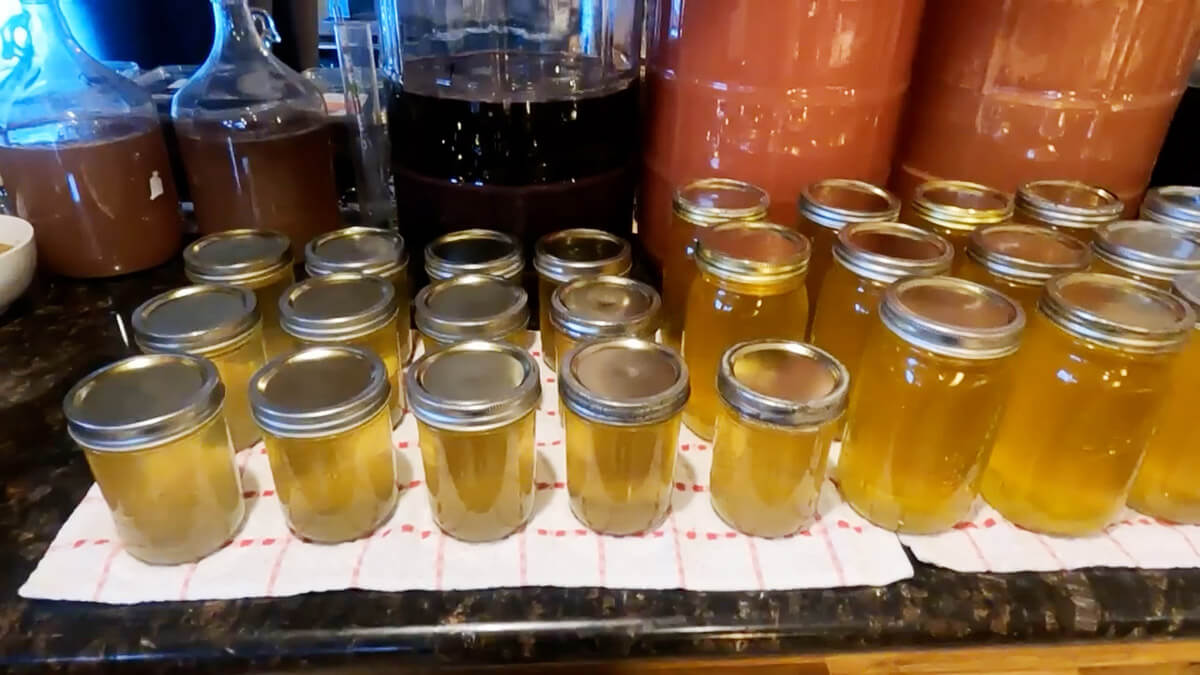 Jars of freshly rendered lard still in the liquid state.