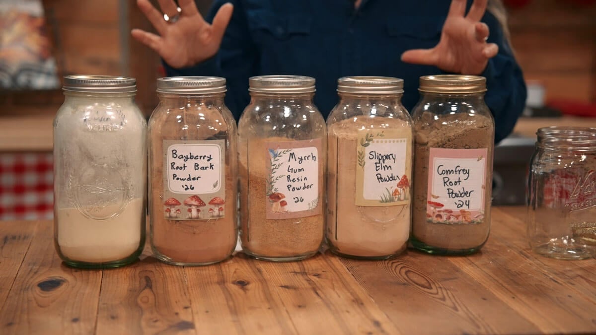 Five jars of medicinal herbs for making Peoples Paste.
