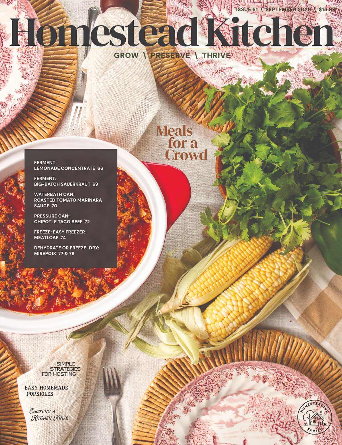 The cover of the Homestead Kitchen Magazine, Issue #60 - Meals for a Crowd.
