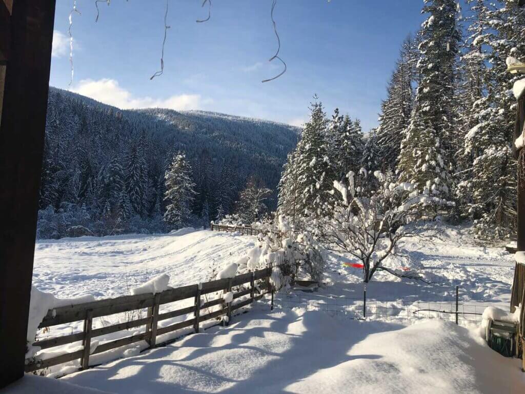 A snowy winter mountain setting.