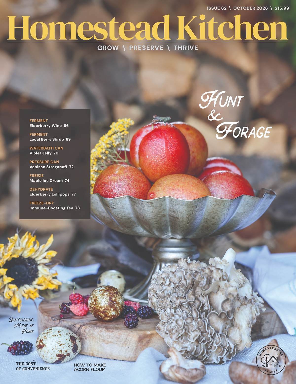 October 2026 Homestead Kitchen magazine cover featuring apples and the words Hunt and Forage.