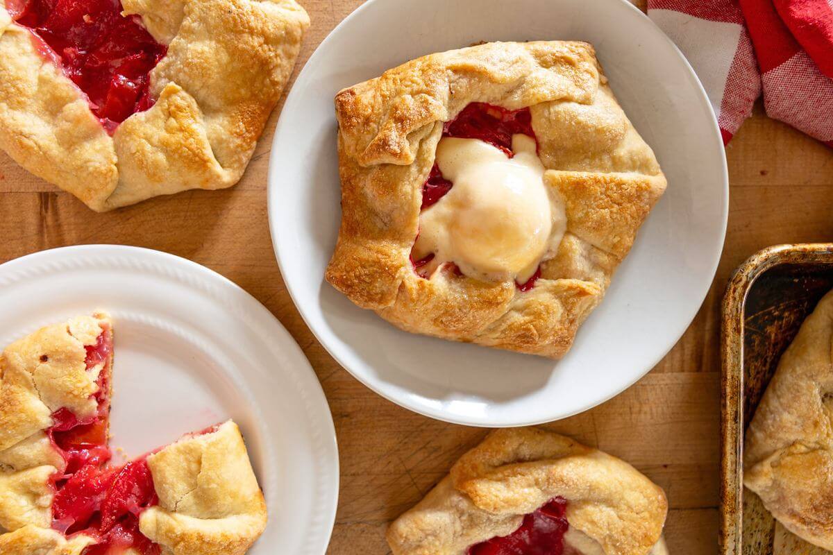 Baked plum pies on plates, including one topped with melting ice cream.