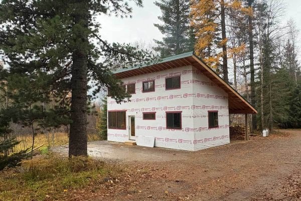 An off-grid cabin in the woods.