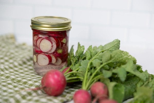 Fermented radishes in a pint jar.