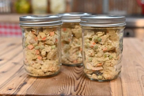 Three jars of freeze-dried chicken pot pie.