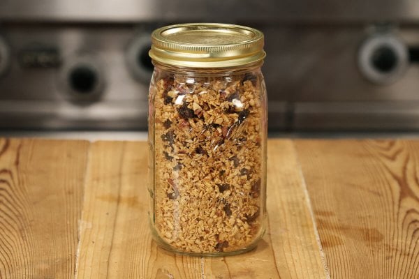 Granola in a quart-sized Mason jar.