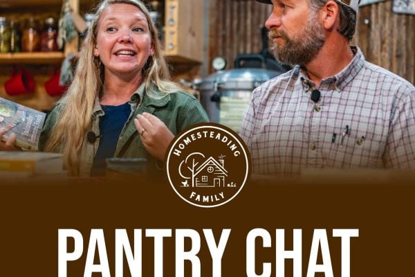 Image of a man and woman sitting in the kitchen. Text overlay says, "Pantry Chat"