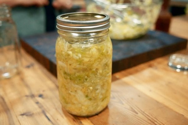A jar of sauerkraut.